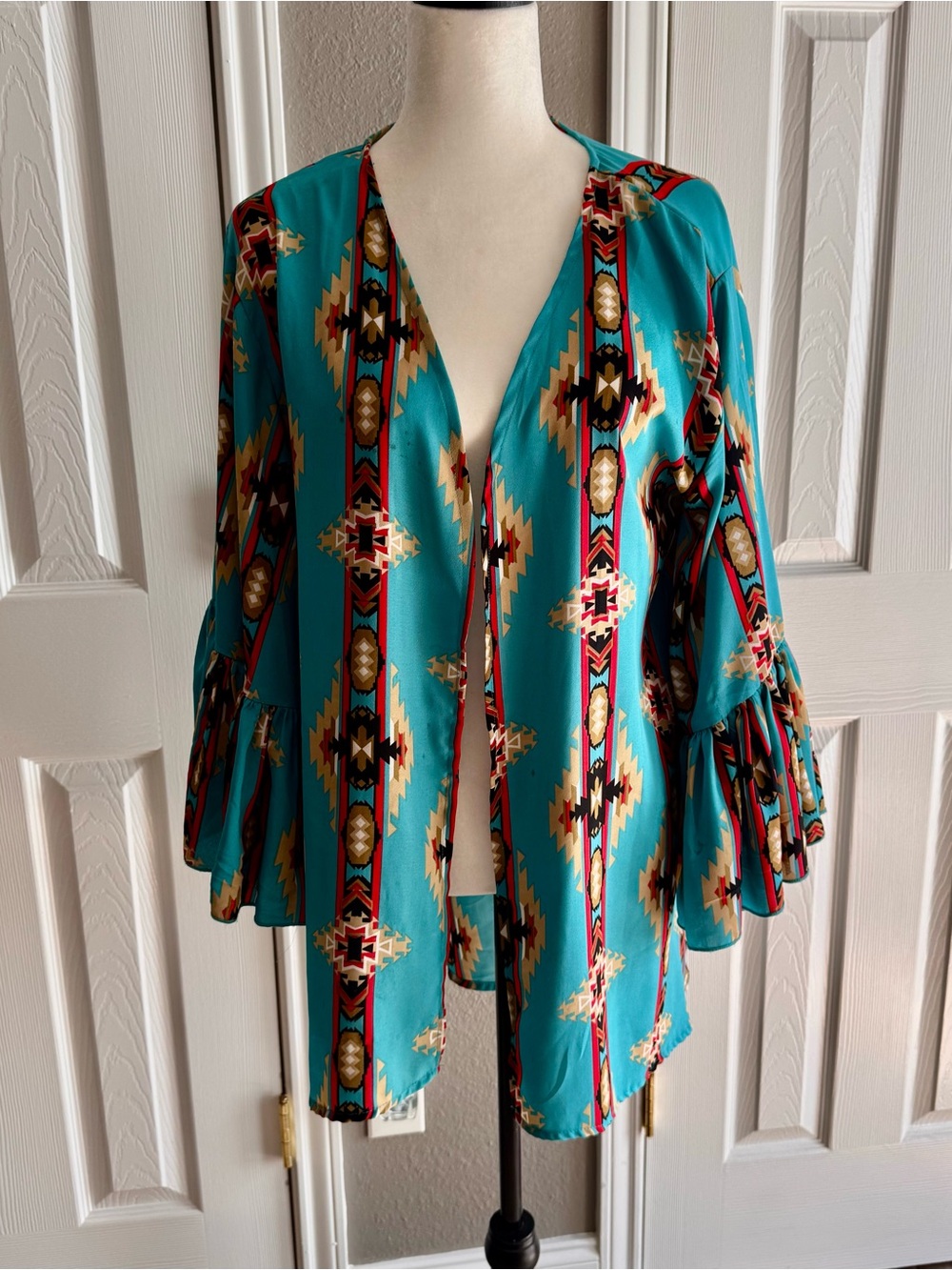 Turquoise Aztec Open-Front Women's Duster - Picture 1 of 7